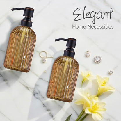 16 OZ Amber Glass Soap Dispenser, Amber Stripe Bathroom Hand Soap Dispensers with Stainless Steel Bronze Pump,Brown Glass Kitchen Hand Soap Dispenser with Oil Rubbed Bronze Pump - color: Oil Rubbed Bronze+amber, size: 1-Pack
