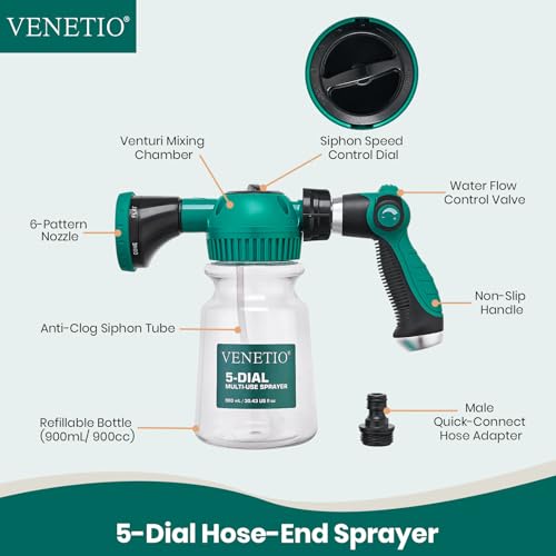VENETIO 5-Dial Hose-End Sprayer - 6 Adjustable Spray Patterns Nozzle & 30oz Refillable Bottle for Liquid Fertilizer, Weed Killer & Soap | Lawn, Garden, Car Wash & Outdoor Cleaning Versatile Spray Gun - style: Sprayer (30 oz)