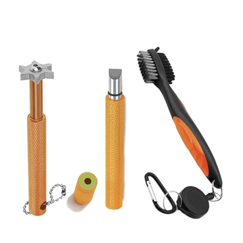 VIPMOON Golf Club Cleaner Kit, 2 Pcs Groove Sharpener Regrooving Tool and 1 Pcs Retractable Club Cleaner Brush, Portable Groove Sharpener Tool for All Golf Irons for Men - color: Gold