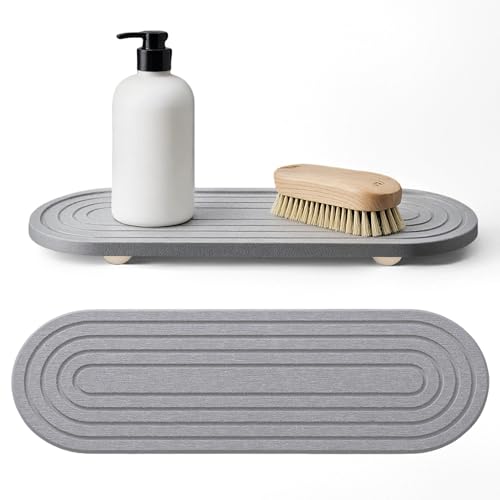 Instant Dry Sink Caddy Organizer, Fast Drying Sink Caddy, Water Absorbing Stone Sponge Holder for Kitchen and Bathroom Countertop with Natural Loofah and Wooden Feet - color: Grey