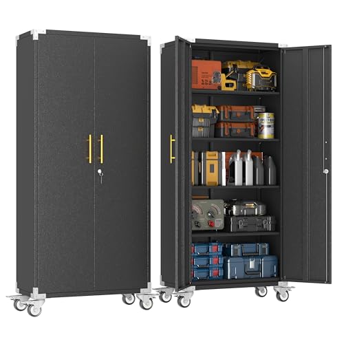 pozdeg Metal Garage Storage Cabinet with Wheels, 71" Tall Rolling Tool Cabinet with Lock and 4 Adjustable Shelves, Lockable File Cabinets for Garage, Home, Office (Black) ﻿ - color: Black, size: 71"H - Shelves