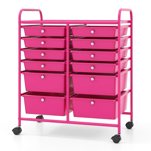 COSTWAY 12-Drawer Rolling Storage Cart, Moveable Art Craft Organizer W/Lockable Wheels, Metal Shelf, Files Arrangement Tools Makeup Storage Cart for Office, Home, School, Hot Pink - color: Hot Pink, size: 12 Drawer