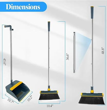 Broom and Dustpan Set 50" Long Handle Foldable Stand Up Broom and Dustpan with Comb Teeth for Indoor & Outdoor Sweeping Home Dog Cat Pets (Blue) - color: Blue