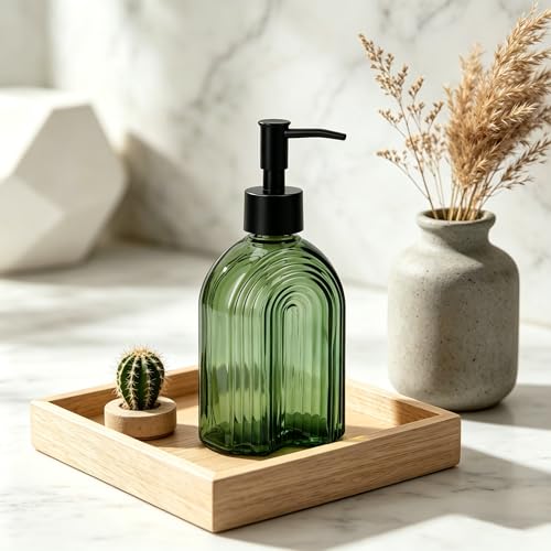 Black Pump Glass Soap Dispenser, 12oz Green Stripe Countertop Refillable Liquid Bottle Hand Dish Lotion Dispenser with Plastic Pump, for Kitchen, Bathroom Countertop - color: Green B