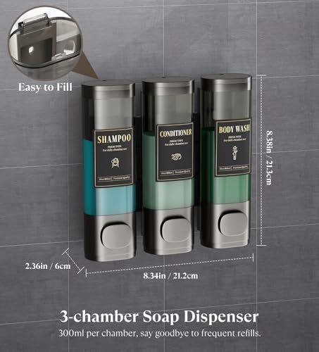 Luxspire Shampoo and Conditioner Dispenser, No Drill Wall Mounted Shower Soap Dispenser 3 Chamber with Waterproof Labels, Easy Refill Soap Dispenser for Bathroom Hotel Kitchen, Gray - color: Gray, size: 3 Chamber