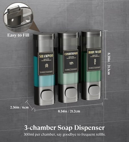 Luxspire Shampoo and Conditioner Dispenser, No Drill Wall Mounted Shower Soap Dispenser 3 Chamber with Waterproof Labels, Easy Refill Soap Dispenser for Bathroom Hotel Kitchen, Gray - color: Gray, size: 3 Chamber