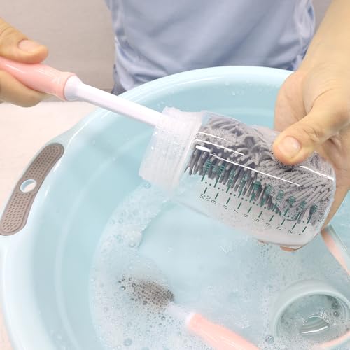 Silicone Cleaning Brush, 12" Long Handle Water Bottle Cleaner for Baby, Sports, Vase, Glassware, and Smaller Diameter Openings - color: Pink