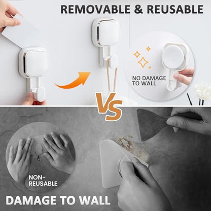 LEVERLOC Suction Cup Hooks for Inside Shower 4 Pack, Versatile Powerful Vacuum Suction Shower Holders for Towel, Loofah, Clothes, Damage Free Wall Hanging Bathroom Hooks, Easy to Install, White - color: White Hook, Square