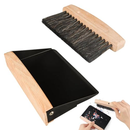 Compact Dustpan and Brush Set, Mini Wooden Sweeper for Home, Desk, Couch, and Pet Care (Black)