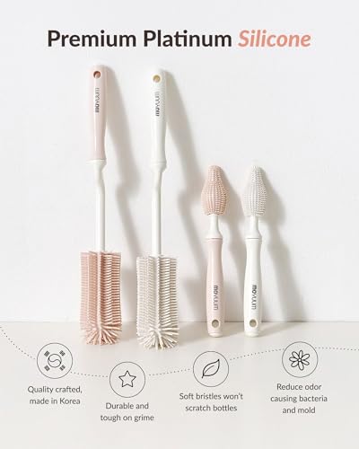 Moyuum Silicone Baby Bottle and Nipple Brush Set | Made in Korea, 360 Degree Rotating Handle, Soft Bristles, Hanging Hole for Quick Drying and Storage, Dishwasher Safe (Mint) - color: Mint