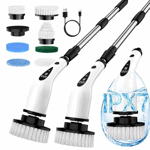 Electric Spin Scrubber, 3-Speed Cordless Cleaning Brush with 8 Brush Heads & Base, IPX7 Waterproof, Adjustable Long Handle, Digital Display, 2500mAh Fast Charging, for Bathroom, Tub, Tile, Floor - color: Black