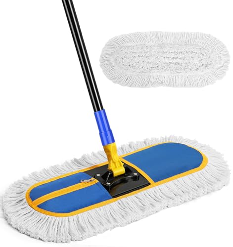 SOBONNE Dust Mop for Floor Cleaning with Washable Cotton Mop Pads | Wet Dry Use, 16" Floor Duster Metal Frame,56 Inch Long Handle for Hardwood Wood Tile Vinyl Laminate Marble,Blue - size: 16 Inch (Mop with 2 Pads)