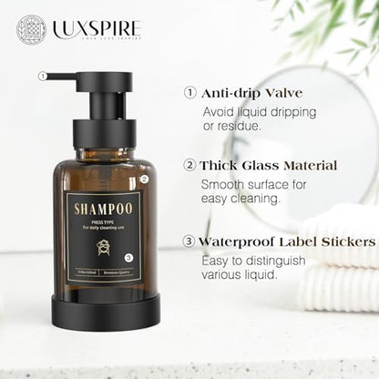 Luxspire Foaming Soap Dispenser, Glass Foam Pump Soap Dispenser, Non-Slip Hand Soap Bottle with 5 Waterproof Labels, 15 Oz Refillable Liquid Soap Bottle for Bathroom & Kitchen, Amber, 2 Pack - color: Amber