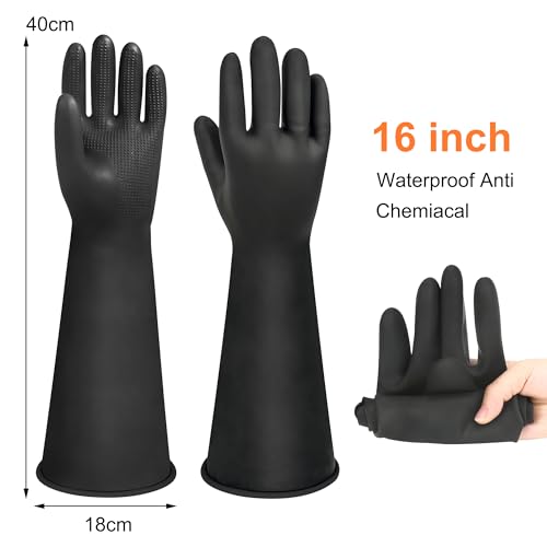 16" Chemical Resistant Gloves, Black Safety Work Heavy Duty Rubber Gloves, Long Waterproof Rubber Industrial Safety Glove for Cleaning, Gardeing,Dishwashing - color: 16 Inch