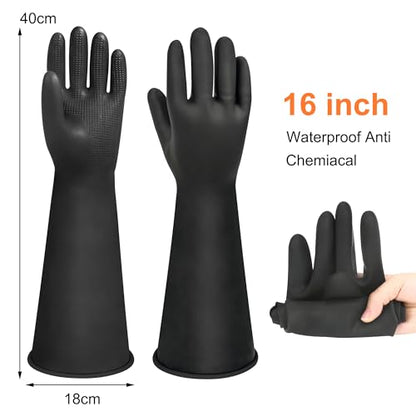 16" Chemical Resistant Gloves, Black Safety Work Heavy Duty Rubber Gloves, Long Waterproof Rubber Industrial Safety Glove for Cleaning, Gardeing,Dishwashing - color: 16 Inch