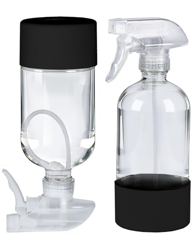 2 Pack 360° Glass Spray Bottles with Silicone Sleeve, 16 oz Empty Refillable Containers with Adjustable Spray Nozzles, Spray Bottles for Hair, Cleaning Solutions and Plants Black - color: Black