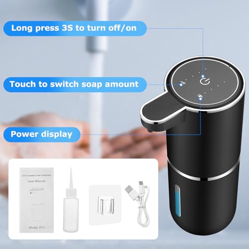 Automatic Foaming Soap Dispenser,Touchless Soap Dispenser with 4 Adjustable Foam Levels,Wall Mounted and USB Rechargeable,12.8oz Large Capacity for Bathroom,Kitchen Sink,Dish Soap(Black)