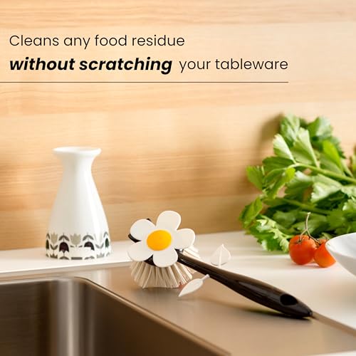 Vigar Flower Power Dish Brush - Flower-Shaped, Dish Brush with Handle and Vase Holder, Scrub Brush for Dishes, Dishwashing Brush, Kitchen Scrub Brush, Pot Scrubber, Kitchen Essentials - White, Black - color: White