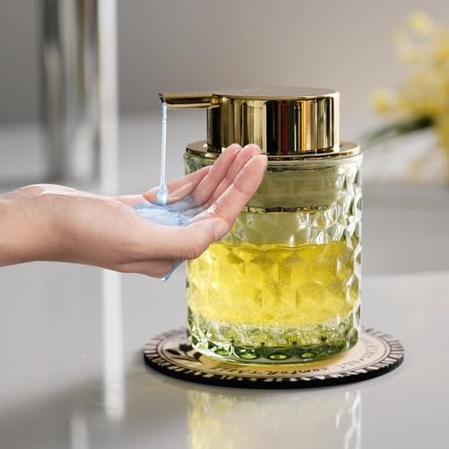 CICUFY Hand Soap Dispenser Glass, Refillable Liquid Dispenser for Bathroom & Kitchen,Lotion Dispenser with Large Gold Pump（Diamond Pattern-Green） - color: Green, style: Liquid(can't foam)/Diamond Pattern