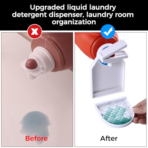 KMOUANTS 2 Pack Laundry Detergent Dispenser Cup Holder, Nozzle button upgrade，Easily No More runny or Messy Laundry Detergent, Laundry Cup Holder and drip Tray Room Organization and Storage