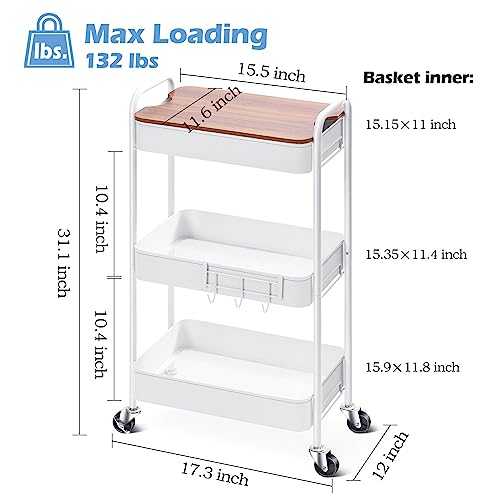TOOLF 3-Tier Rolling Cart with Table Top, Metal Storage Cart on Wheels, Utility Organizer with Wooden Tray, Lockable Casters, Easy Assembly for Bathroom, Living Room, Office, Kitchen, White - color: White