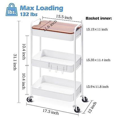 TOOLF 3-Tier Rolling Cart with Table Top, Metal Storage Cart on Wheels, Utility Organizer with Wooden Tray, Lockable Casters, Easy Assembly for Bathroom, Living Room, Office, Kitchen, White - color: White