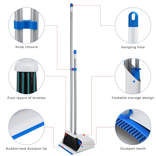 Broom and Dustpan Set with Long Handle 52", Standing Broom and Dust Pan Set for Home Kitchen Room Office Lobby Blue - color: Blue