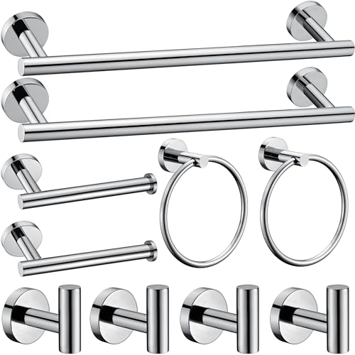 10 Pieces Polished Chrome Bathroom Hardware Accessories Set,Hand Towel Ring,16 inch Towel Bar,Toilet Paper Holder,4pcsTowel Hooks,Round SUS304 Stainless Steel Heavy Duty Wall Mount Holder,Towel Rack - color: Polished Chrome, size: 10 piece 16"