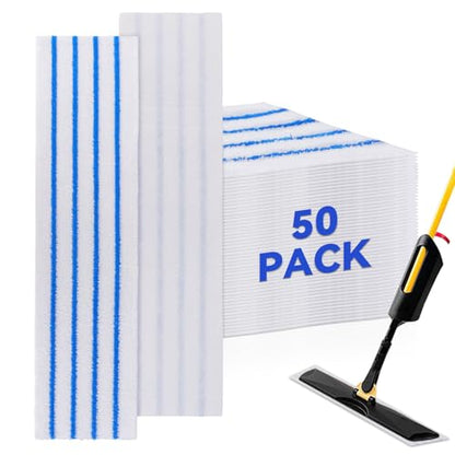 Replacement Disposable Microfiber Pad Fit for Rubbermaid Quick Connect Mop System - 50 Pack Wet & Dry Commercial Cleaning Refills with Scrubbing/Scouring Stripes Fit for Any Flat System 17 and 18 Inch - color: 18 Inch-50pack-blue&white-disposable