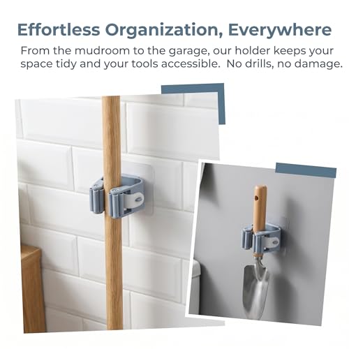 5pcs Strong Adhesive Wall Mount No-Drill Mop & Broom Holder-Gray - color: Gray