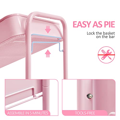 TOOLF 3-Tier Rolling Cart with Table Top, Metal Storage Cart on Wheels, Utility Organizer with Wooden Tray, Lockable Casters, Easy Assembly for Bathroom, Living Room, Office, Bedside, Pink - color: Pink