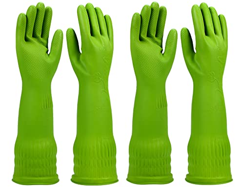 Dishwashing gloves 2 Pairs for kitchen,Rubber cleaning gloves,Long dish gloves reuseable. - color: Green, size: Medium (Pack of 2)