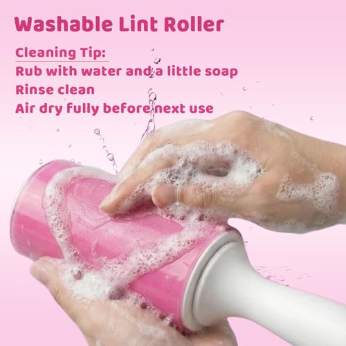 Washable Gel Lint Roller 3 Pack, Reusable Sticky Lint Roller Portable Pet Hair Remover Cleaner for Clothes, Travel, Home, Large with Cover and Foldable Mini Remover, Pink
