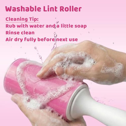 Washable Gel Lint Roller 3 Pack, Reusable Sticky Lint Roller Portable Pet Hair Remover Cleaner for Clothes, Travel, Home, Large with Cover and Foldable Mini Remover, Pink