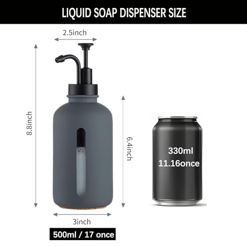 Enra Glass Soap Dispenser with Window, 17oz Dark Gray Stainless Steel Hand Pump for Bathroom Kitchen - Countertop Lotion Bottle (Dark Gray-Round-Liquid) - color: Dark Gray-round-liquid