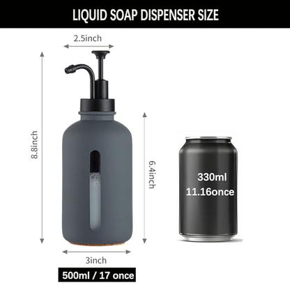 Enra Glass Soap Dispenser with Window, 17oz Dark Gray Stainless Steel Hand Pump for Bathroom Kitchen - Countertop Lotion Bottle (Dark Gray-Round-Liquid) - color: Dark Gray-round-liquid