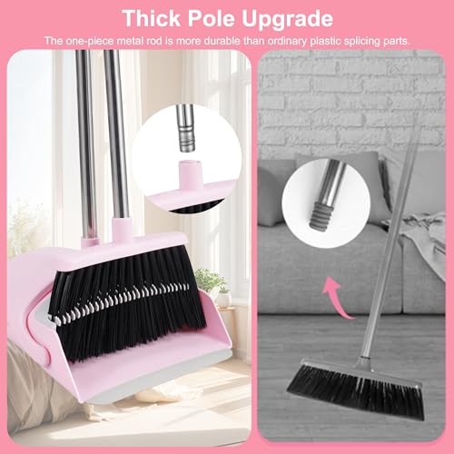 Pink Broom and Dustpan Set for Home, 52-in Long Handle Broom with Dustpan Combo with Dustpan Teeth Easy to Scrape Off Pet Hair, Indoor&Outdoor Sweeping（Pink） - color: Pink&grey