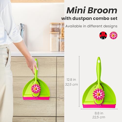 Vigar Flower Power Dust Pan and Brush Set - Mini Broom and Dustpan Set, Handheld Broom and Dustpan Set With Whisk Broom, Small Dustpan and Brush Set, Compact Indoor Sweeper for Countertop - Pink Green - color: Flower Power