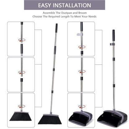 Broom and Dustpan Set, Dustpans with Broom Combo for Home, Heavy Dust Broom and Dustpan Combo, Long Handle Dust Pan and Broom Set for Kitchen, Office, Pet Hair, Charcoal Color, Pack of 1 - color: Charcoal Black