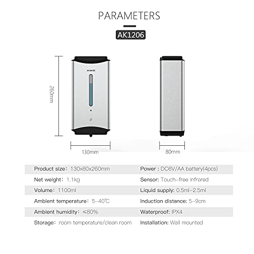 AIKE Automatic Soap Dispenser Commercial Wall Mounted Liquid Dispenser Brushed Stainless Steel Finish 1100ml Large Capacity - color: Brushed Stainless Steel