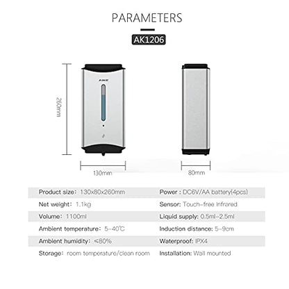 AIKE Automatic Soap Dispenser Commercial Wall Mounted Liquid Dispenser Brushed Stainless Steel Finish 1100ml Large Capacity - color: Brushed Stainless Steel