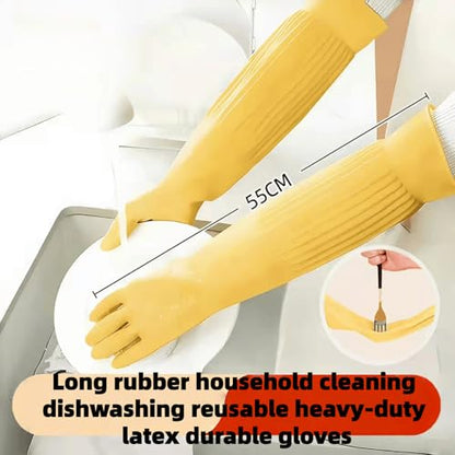 21.7inch Extra Long Latex Cleaning Gloves Waterproof Heavy Duty Rubber Reusable Dish wash Household Cleaning - color: Yellow