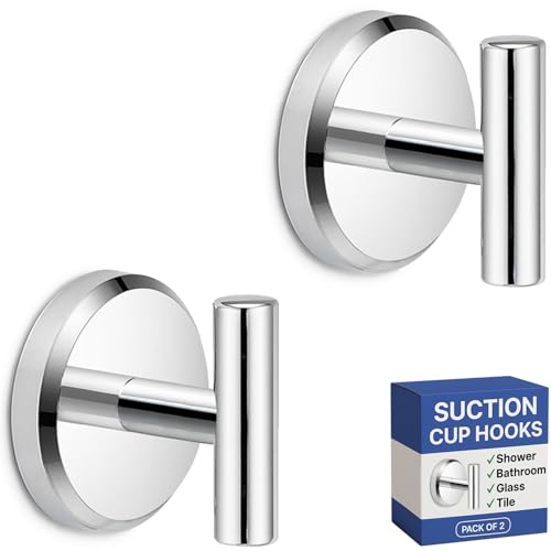 HOME SO Suction Cup Hooks for Shower & Bathroom Towel Holder 2-Pack – Suction Cups Hooks for Hanging Towels, Robes, & Coats - Tiles, Glass Door or Mirror – Shower Hooks & Towel Hooks - Chrome T-Shape - style: Chrome