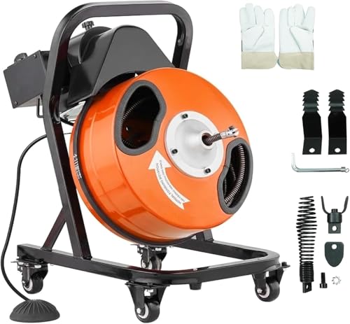 50FT x 1/2 Inch Drain Cleaner Machine, Electric Drain Auger on 4 Wheels for 1"-4" Pipes, Enclosed Metal Drum with 4 Cutters & Pneumatic Foot Switch, Sewer Snake Auger - style: 50FT x 1/2inch