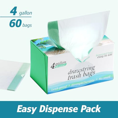 4 Gallon Drawstring Trash Bags - 0.5 Mil Strong - Small Garbage Bags - for Office Bathroom Kitchen - Individual, Unscented, White, 19" x 19", 60 Count - size: 1 Count (Pack of 60)