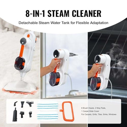Steam Mop, 8-in-1 Hard Wood Floor Cleaner with 7 Replaceable Brush Heads, for Various Hard Floors, Like Ceramic, Granite, Marble, Linoleum, Natural Floor Mop with 2 pcs Machine Washable Pads