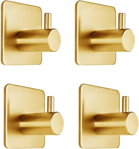 Fotosnow Gold Adhesive Hooks 15LB (Max), Non Tarnish Sticky Hooks for Hanging Towels, Coat, Backpack, Purse, Hat, Key, Self-Adhesive Towel Holder for Shower Closet Bathroom-4 Packs - color: Gold