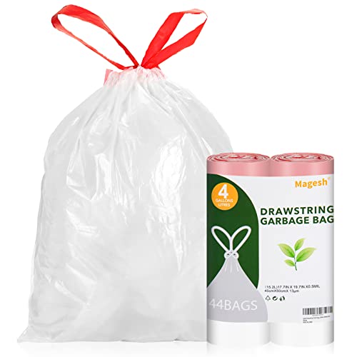 Drawstring Small Trash Bags, Magesh 4 Gallon Drawstring Extra Thick Garbage Bags Unscented, Quick Cinch for Bathroom Kitchen Office Small Can, 44 Count, White - style: 4G Drawstring White 44