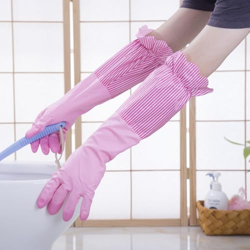RARITYUS Household Kitchen Cleaning Gloves Waterproof Cotton Lined Dishwashing Non-Slip Long Cuff Gloves - color: A Pink