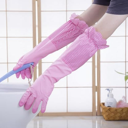 RARITYUS Household Kitchen Cleaning Gloves Waterproof Cotton Lined Dishwashing Non-Slip Long Cuff Gloves - color: A Pink